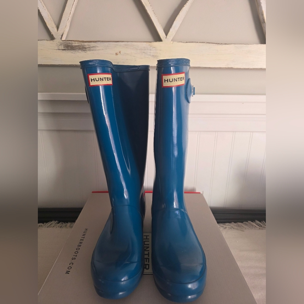 Hunter Original Kids Gloss Ocean Blue Welly Boots Size 6 US With Fleece Inserts
